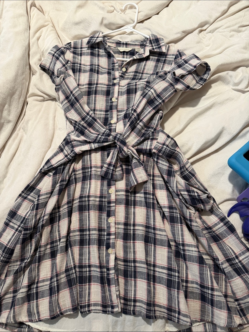 Navy and Cream Plaid Midi Shirt Dress